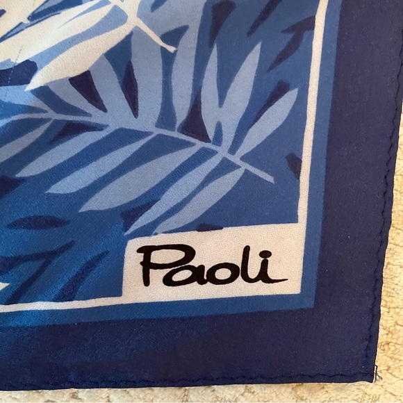 VTG  Paoli Square Neck Scarf Blue White Yellow Fern Leaf Preppy Nautical 26.5in - Picture 4 of 5